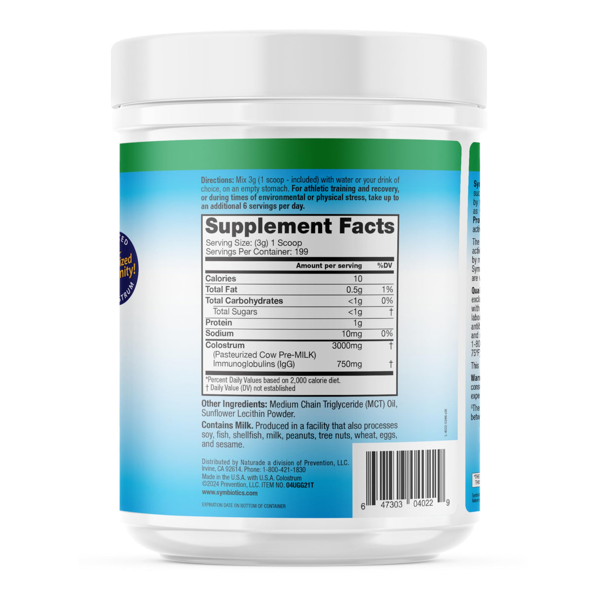 Symbiotics Colostrum Plus Powder 21 oz (597 g) - Immunity Support - Promotes Athletic Performance and Optimal Iron Levels - Immunoglobulin - 25% lgG Antibodies - Gluten Free
