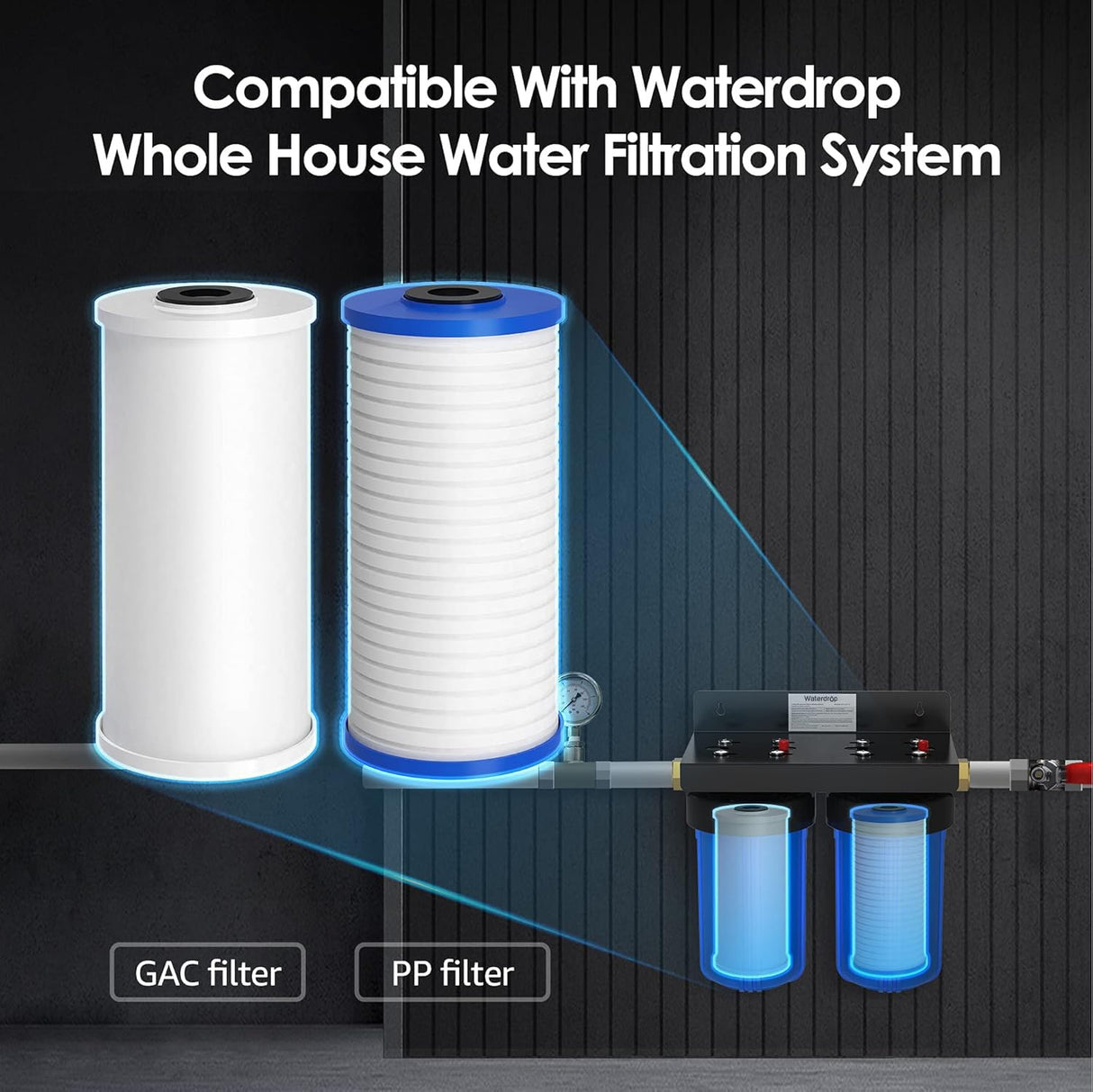 Waterdrop WF10PG Whole House Water Filter, Compatible with WHF21-PG, GE® FXHTC, GXWH40L, 3M® Aqua-Pure AP810, Culligan® RFC-BBSA, Any 10" x 4.5" System, Reduces Sediment, Chlorine, Taste, Odor