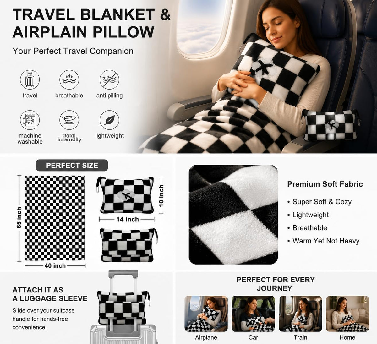 Travel Blanket and Pillow Compact, Premium Soft 2 in 1 Airplane Blanket with Soft Bag Pillowcase,Hand Luggage Sleeve and Backpack Clip (Checkered Black)