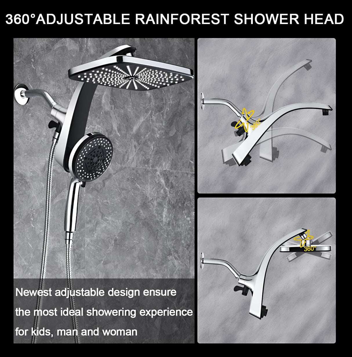 BOZYBO Rain Shower Head with Handheld: High Pressure Shower Heads with Handheld Spray Combo, 12" Rainfall Shower Head and 9 Sprays Hand Showerheads with Magnetic Docking and Power Jets, Chrome
