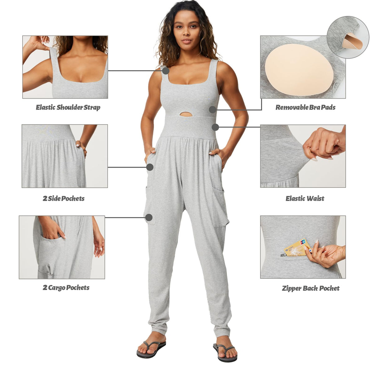 Casei Jumpsuits for Women Casual Summer Rompers Sleeveless Loose Strap Baggy Overalls Yoga Harem Jumpers with Pockets(Gray,XL)