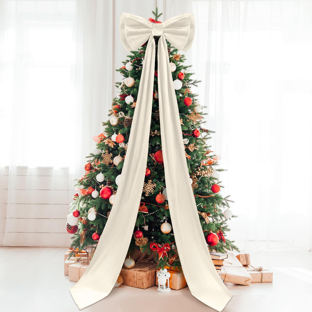 Wavwavw Giant Bow Decor Christmas Tree Topper Decoration Big Bows for Room Wall Backdrop 75x18 Inch Ribbon Tie for Wedding Christmas Fall Birthday Party Baby Shower Supplies(Ivory,Velvet)