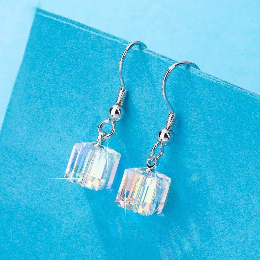 EVEVIC Austrian Crystal Cube Drop Earrings for Women, French Hook
