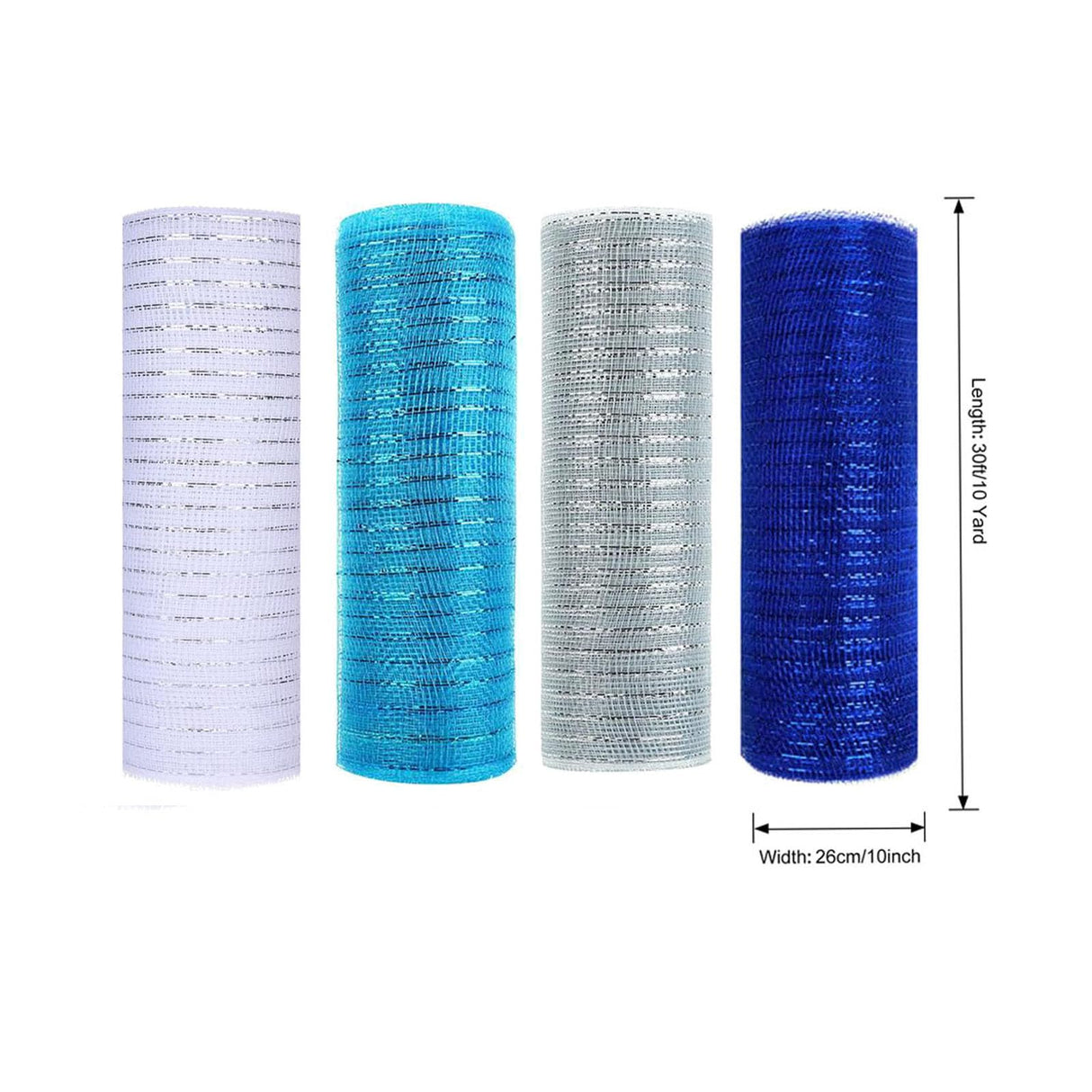 JStnana 4 Rolls Deco Mesh Ribbon for Chirstmas Wreath Making Supplies, 10Inch x 30Ft Metallic Burlap Mesh Blue Silve White Deco Mesh Rolls for Christmas Summer Blue Wedding Crafts Wreaths Decor