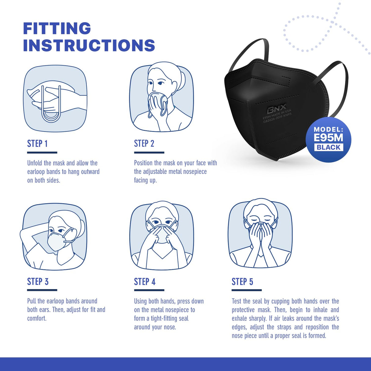 AccuMed BNX KN95 Face Mask Made in USA, KN95 Mask Disposable Particulate Protective Mask, GB2626-2019, Protection Against Dust, Pollen and Haze (20 pcs) (Earloop) (Model: E95M) Black