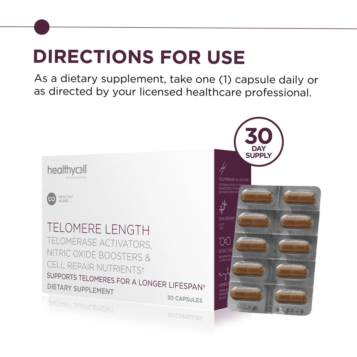 Healthycell Telomere Length Supplement - Anti-Aging Telomere Lengthening Supplements with Phytonutrients & Vitamins for Cellular Health - AC-11, Astragalus & Resveratrol - 30 Capsules