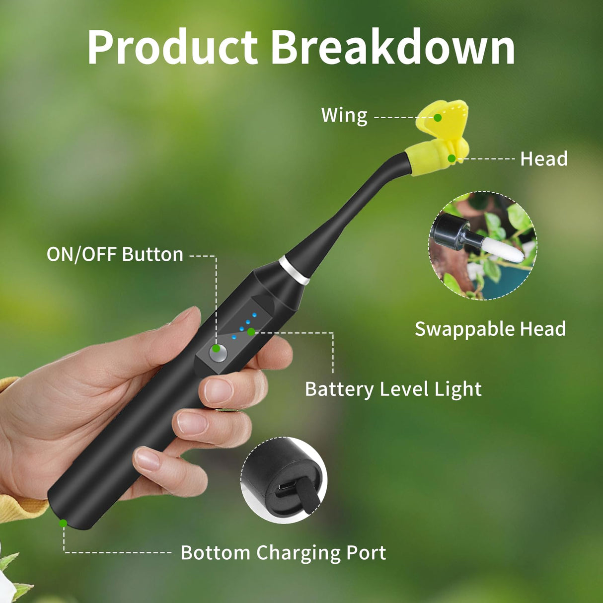 RUNWUSHENG Plant Pollination Tool - USB Rechargeable Vibrating Pollinator for Greenhouse Crops Like Tomatoes and Strawberries