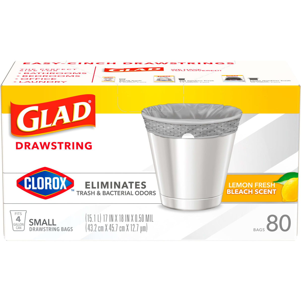 Glad Small Trash Bags 4 Gallon, Lemon Fresh Bleach Garbage Bags, Odor Resistant with Drawstring, 80 Count