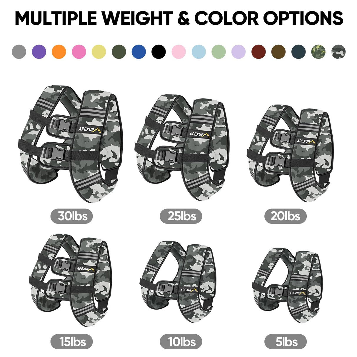 APEXUP Weighted Vest with 5lbs/10lbs/15lbs/20lbs/25lbs/30lbs Weights and Reflective Stripe, Weight Vest Men Women for Workout, Strength Training, Running (Grey Camo, 25lbs)