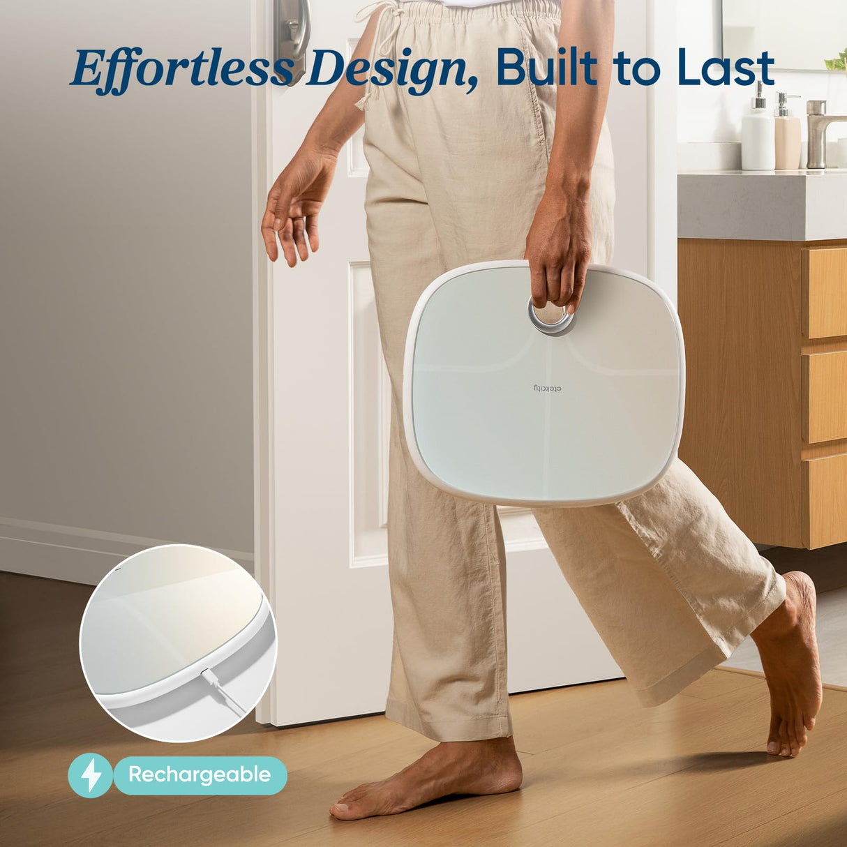 Etekcity Smart Rechargeable Scale for Body Weight, BMI, Fat, Muscle Mass, FSA HSA Eligible, Digital Bathroom Scale with 13 Metrics, Secret Mode, Bluetooth Connect to Free Apps, Rainbow White