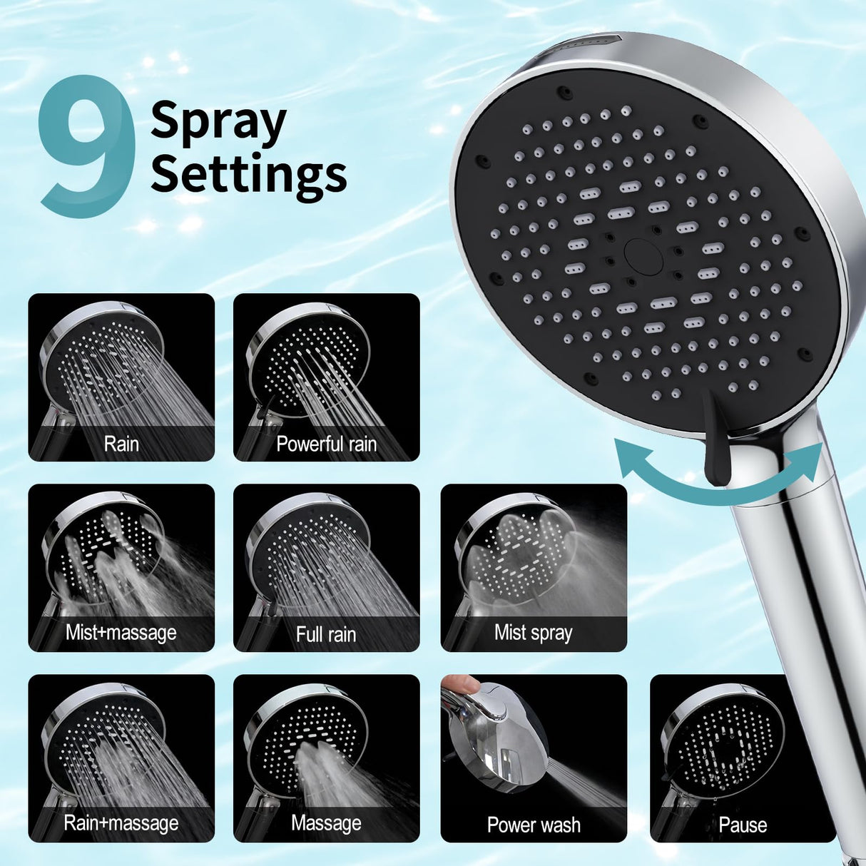 SR SUN RISE NSF Certified Filtered Shower Head with Handheld for Hard Water to Remove Chlorine High Pressure 9-Spray Setting (with Power Wash) Anti-Clog Nozzles (1 Filter, Chrome Silver)