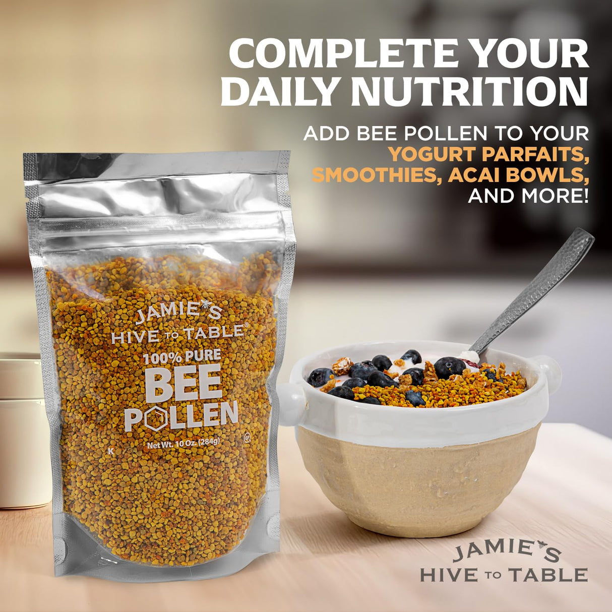 Jamie’s Hive to Table Raw Bee Pollen, 10 oz – 100% Pure Bee Pollen – Harvested from Flowers, Naturally Dried for Freshness – Great for Smoothies, Oatmeal & Recipes