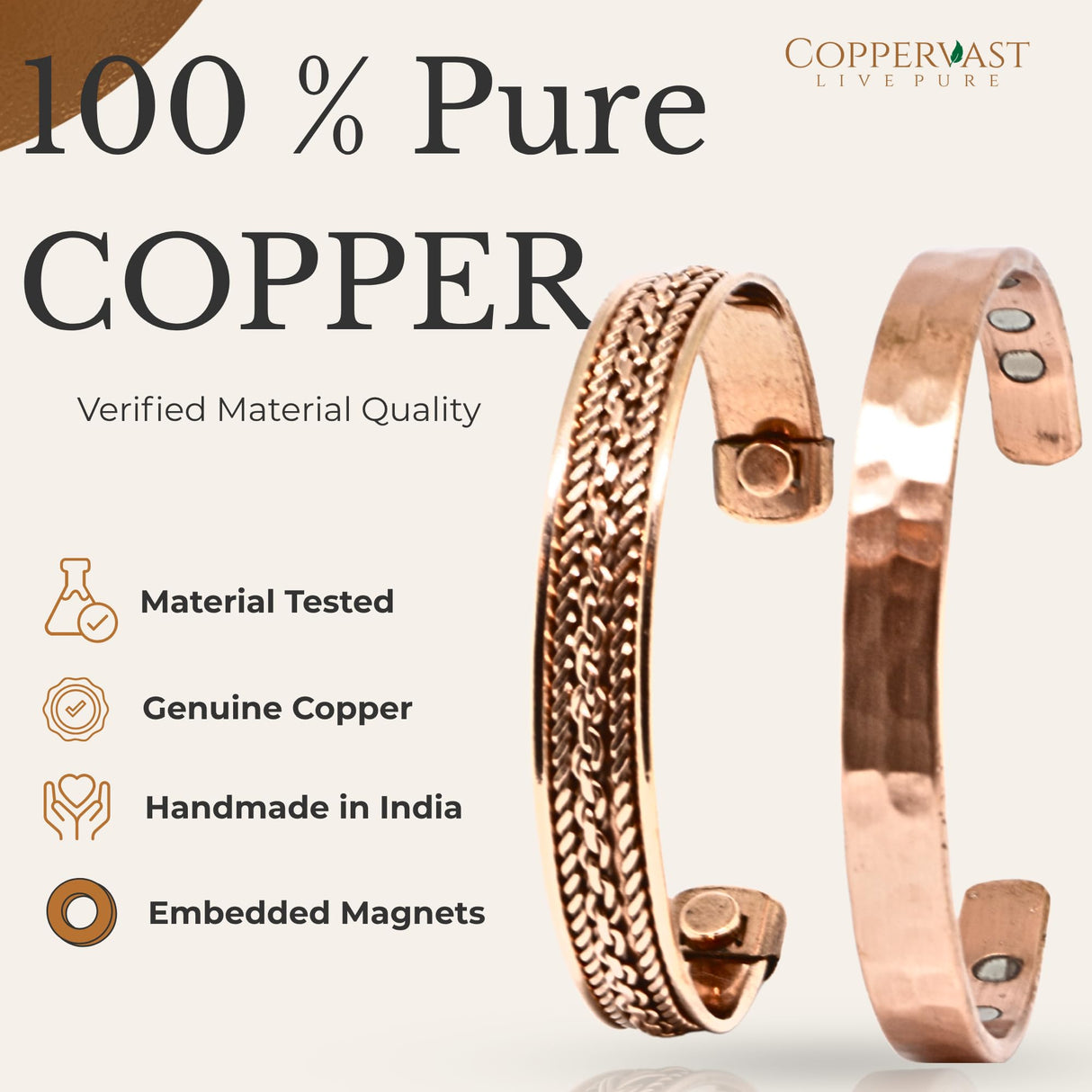 Pure Copper Bracelets - for Men and Women | Set of 2 | Gift Box | Handmade, 100% Copper, Adjustable| Fathers Day