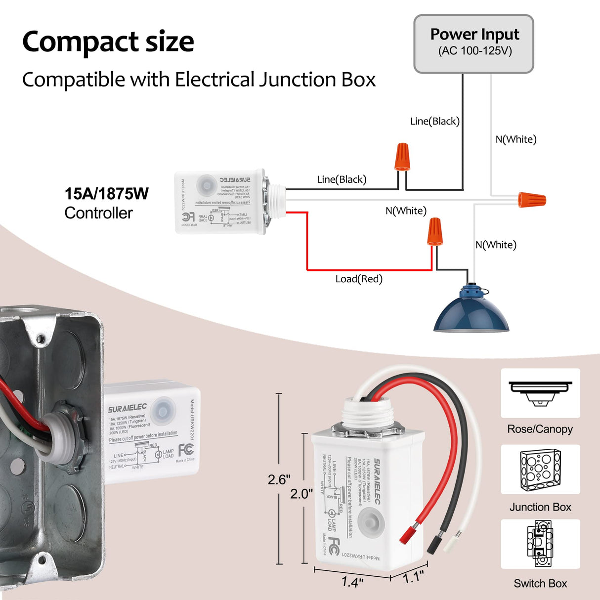 SURAIELEC Wireless Light Switch and Receiver Kit, 15A High Power, No Wiring, No Interference, 100ft RF Range, Expandable Remote Control Wall Switches for Lamp, Ceiling Light, Fan, Outdoor Lighting