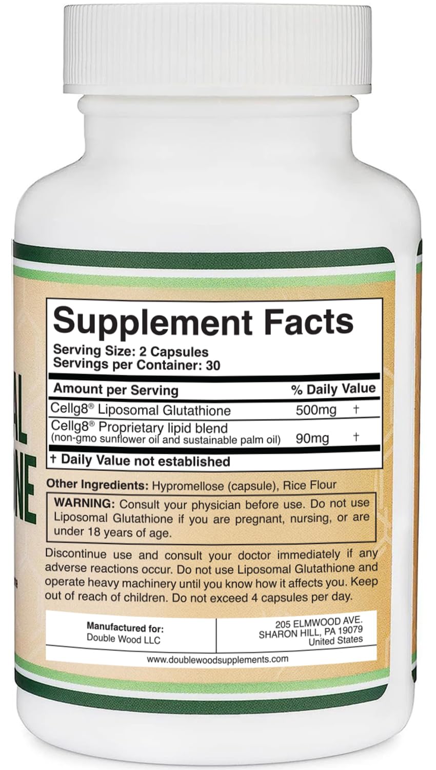 Liposomal Glutathione Supplement 500mg per Serving, 60 Capsules (Vegan Safe, Non-GMO) Max Absorption Liposomal Glutathione with Genuine Smell and Taste by Double Wood
