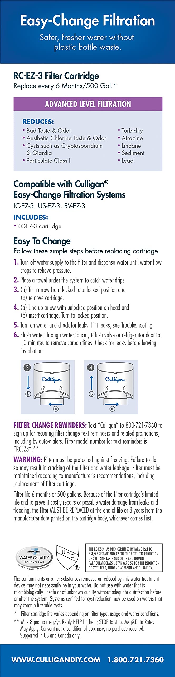 Culligan RC-EZ-3 Easy Change Advanced Water Filtration Replacement Cartridge, 500 Gallons, (Pack of 1)