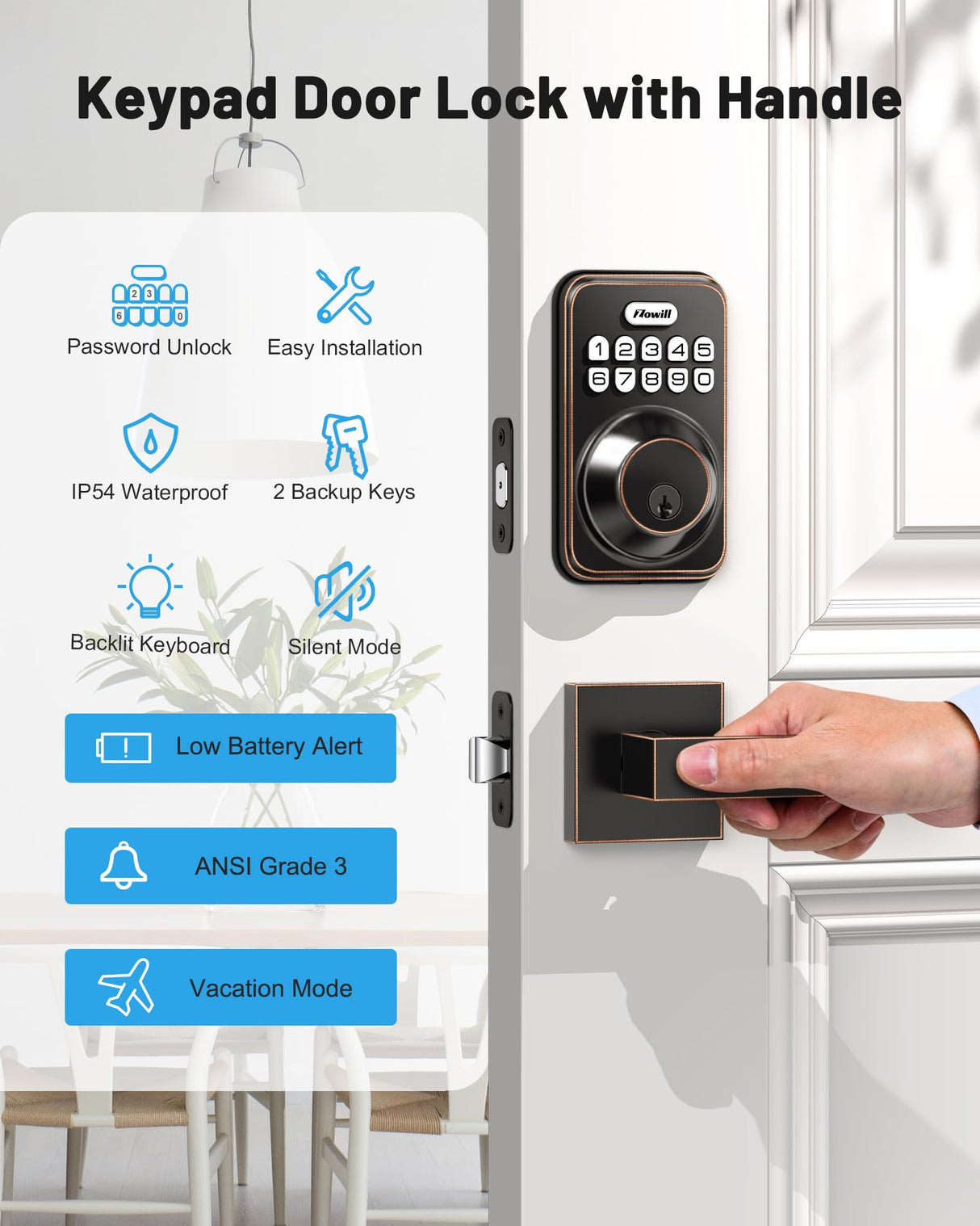 Zowill Keyless Entry Door Lock with 2 Lever Handles, Electronic Keypad Deadbolt, Auto-Locking, Anti-Peeping Password, Digital Code Door Lock, Front Door Handle Sets, OilRubbed Bronze