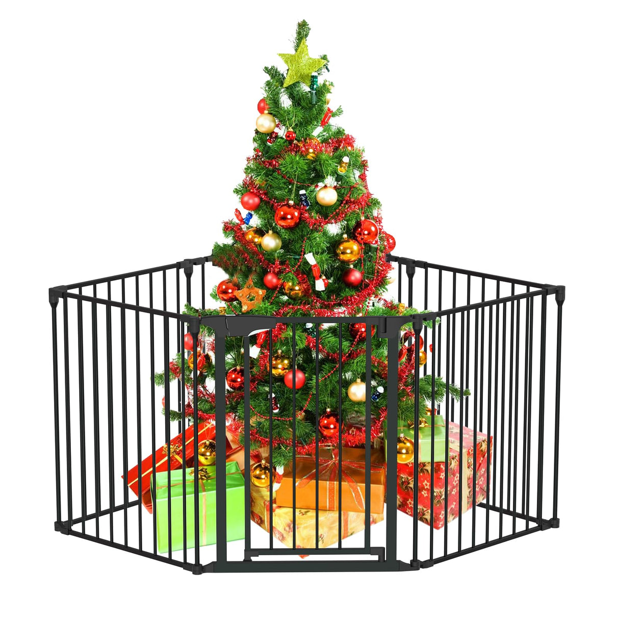 Bonnlo 120 Inches Wide Configurable Baby Gate, Fireplace Safety Fence/Guard, Adjustable 5-Panel Metal Play Yard for Toddler/Pet/Dog, Christmas Tree Fence, Includes 4 Pack of Wall Mounts, Black