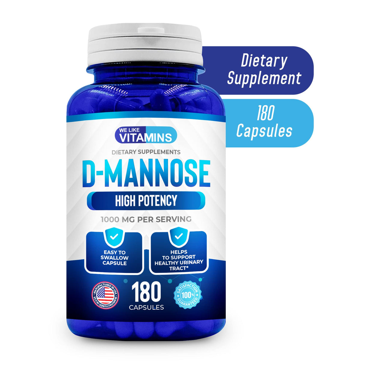 We Like Vitamins D-Mannose 1000mg Capsules - 180 Easy to Swallow Veggie Capsules - Cranberry D Mannose Supplement Helps Support Bladder and Urinary Tract Health