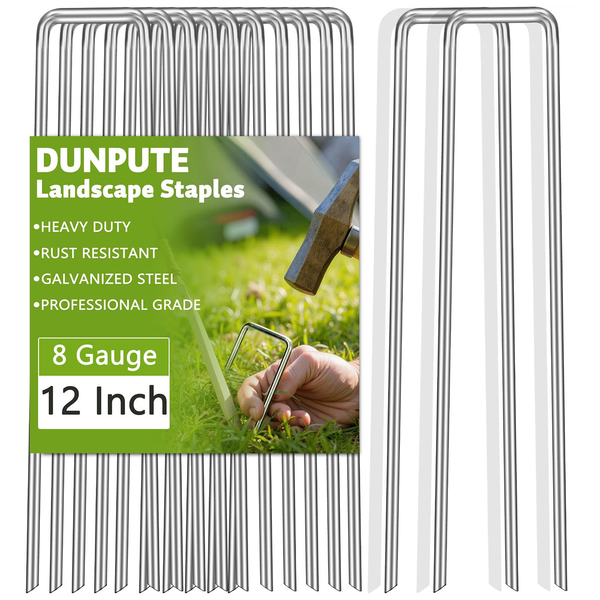 Heavy Duty 12 Inch Galvanized Landscape Staples Stakes, 50 Pack 8 Gauge