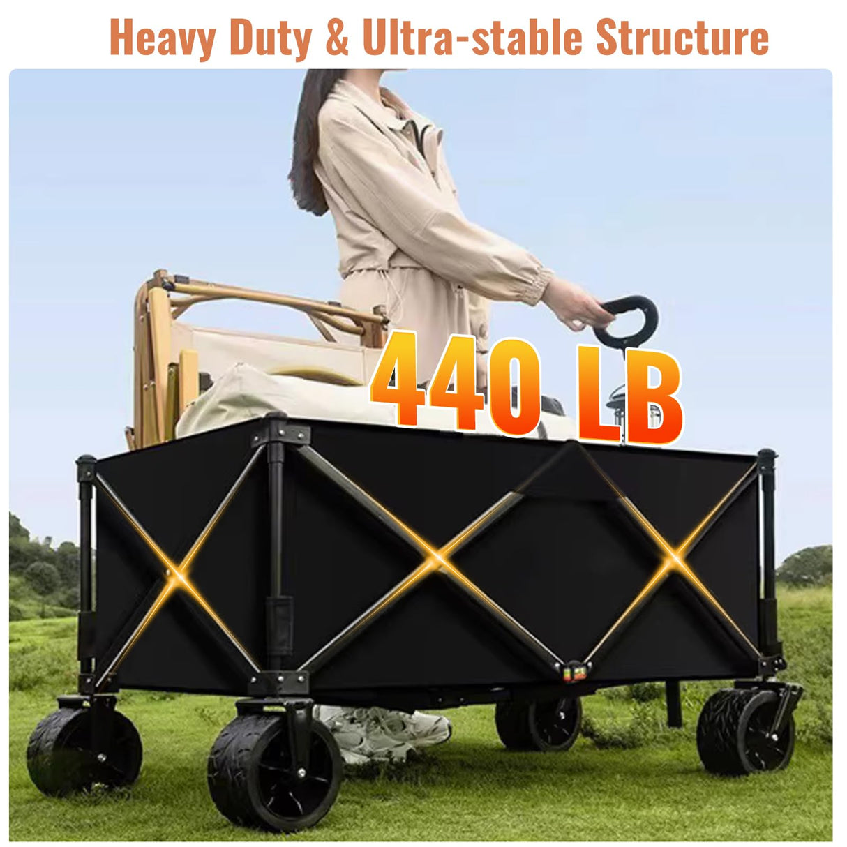 Collapsible Foldable Wagon Cart with Big Wheels and Tabletop, Large Capacity 440Lbs Folding Utility Wagon Carts for Sand, Beach, Camping, Shopping, Sport (Black)
