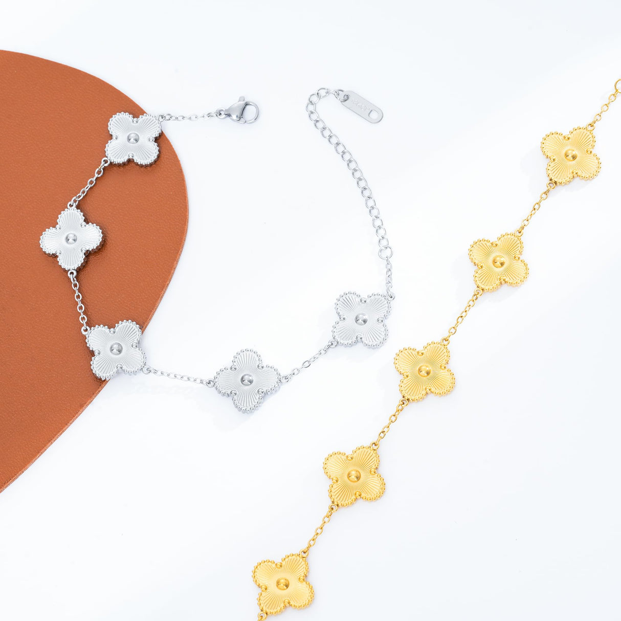 Acicihenn Waterproof Four-Leaf Clover Bracelet, Adjustable Link Double Sided Jewelry, Lovely Fashion Jewelry Gift for Women Gold Bracelet + Silver Bracelet
