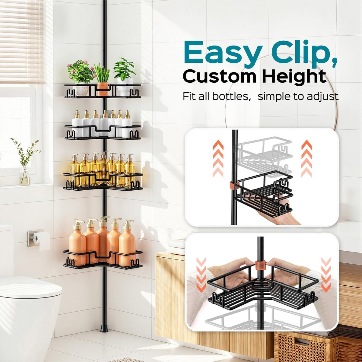 HAMITOR Corner Shower Caddy Tension Pole: 4-Tier Adjustable Shelf Black