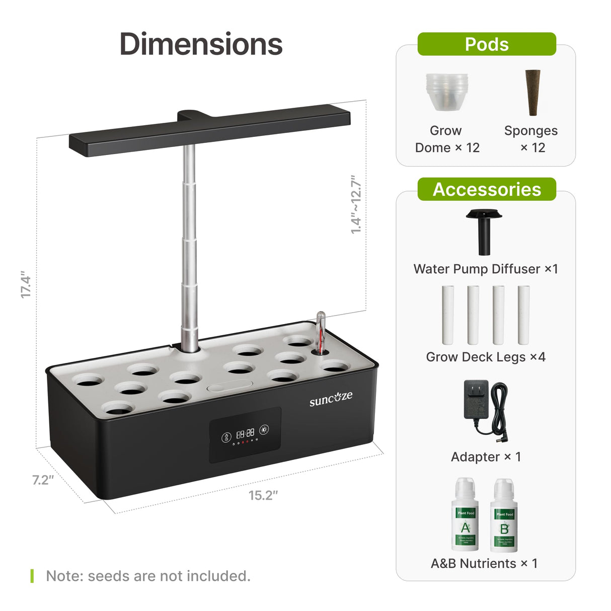 SUNCOZE Hydroponics Growing System Kit with 24W Dimmable LED Light, Black
