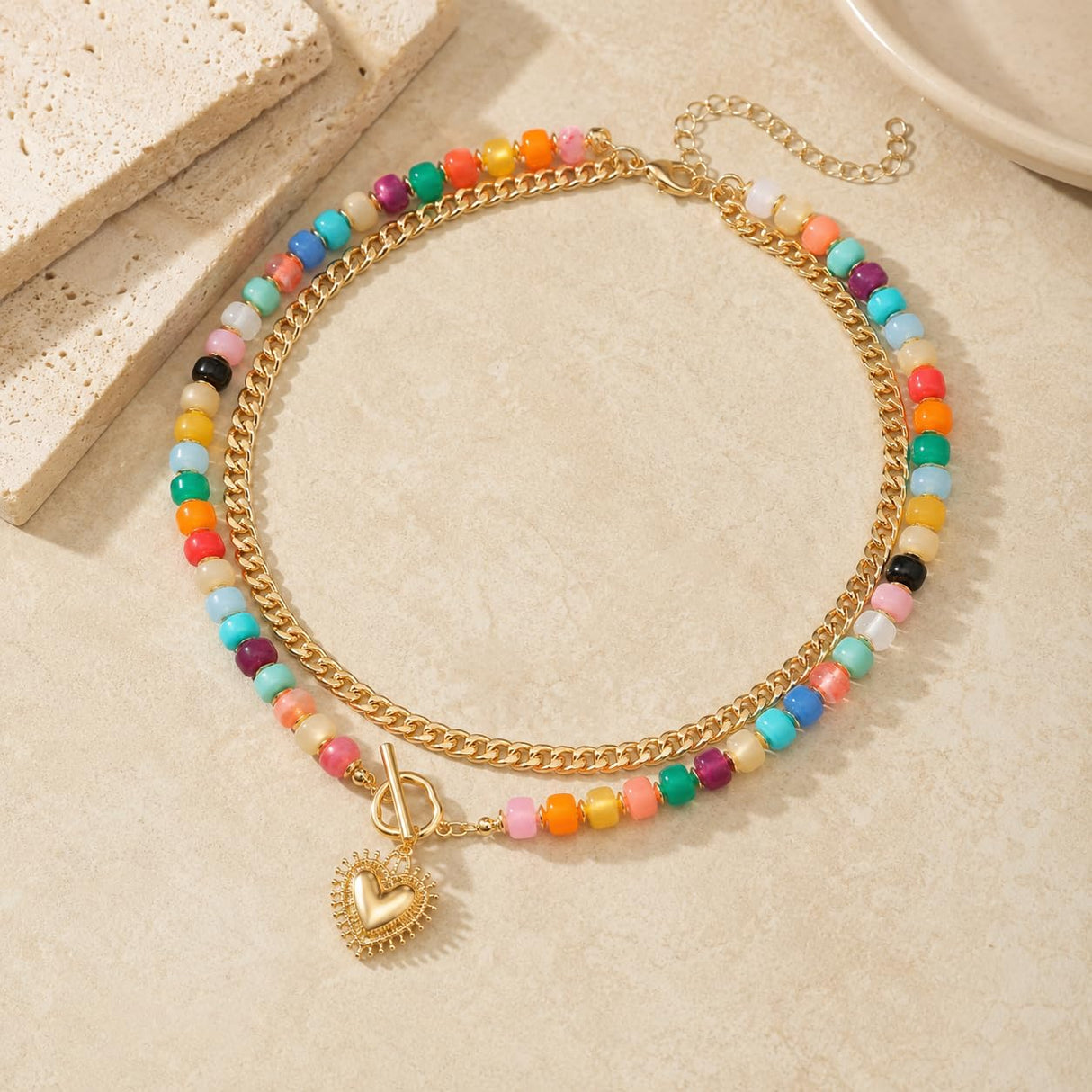 ALFISO Layered Necklaces for Women, Colorful Acrylic Beads & Heart Pendant