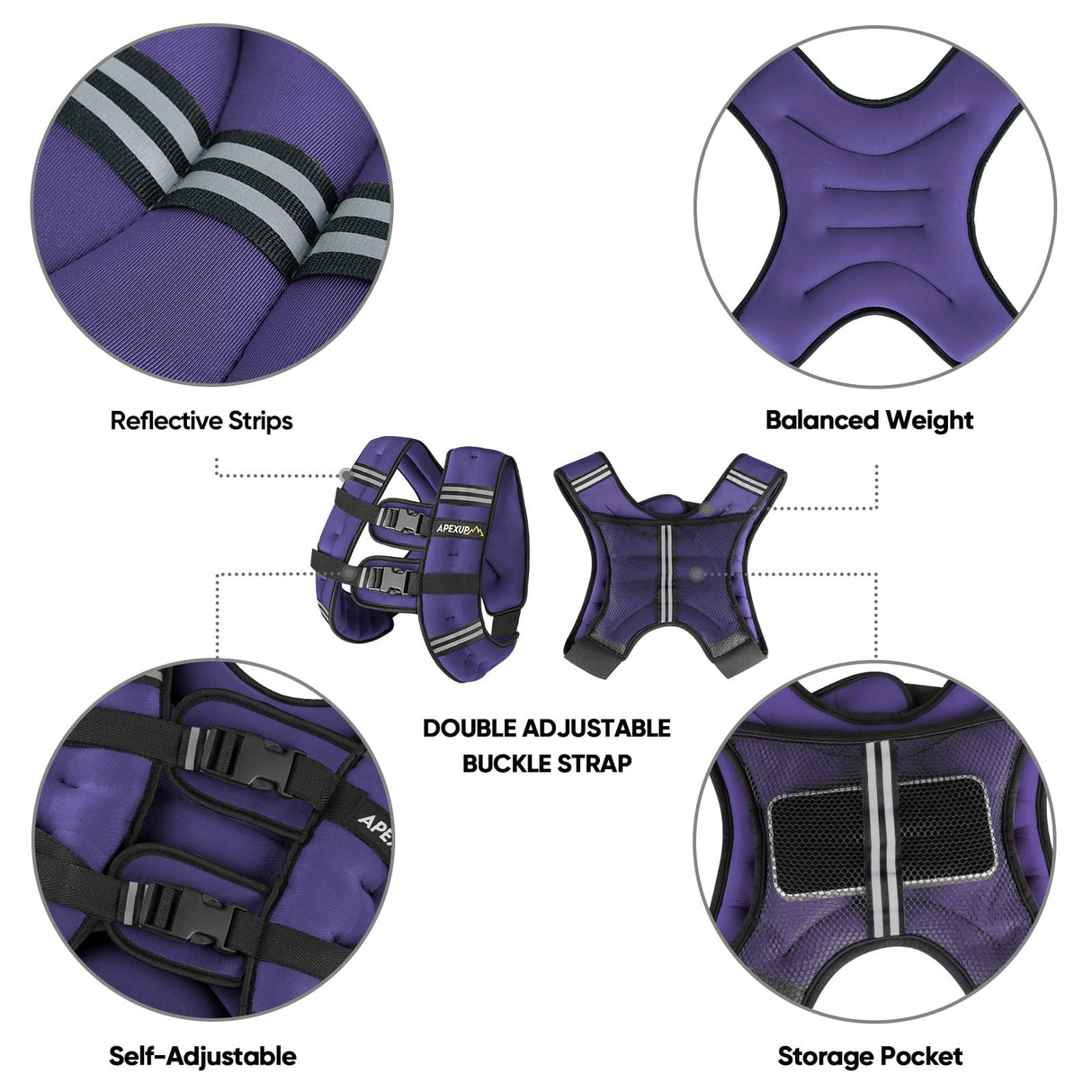 APEXUP Weighted Vest with 5lbs/10lbs/15lbs/20lbs/25lbs/30lbs Weights and Reflective Stripe, Weight Vest Men Women for Workout, Strength Training, Running (Purple, 15lbs)