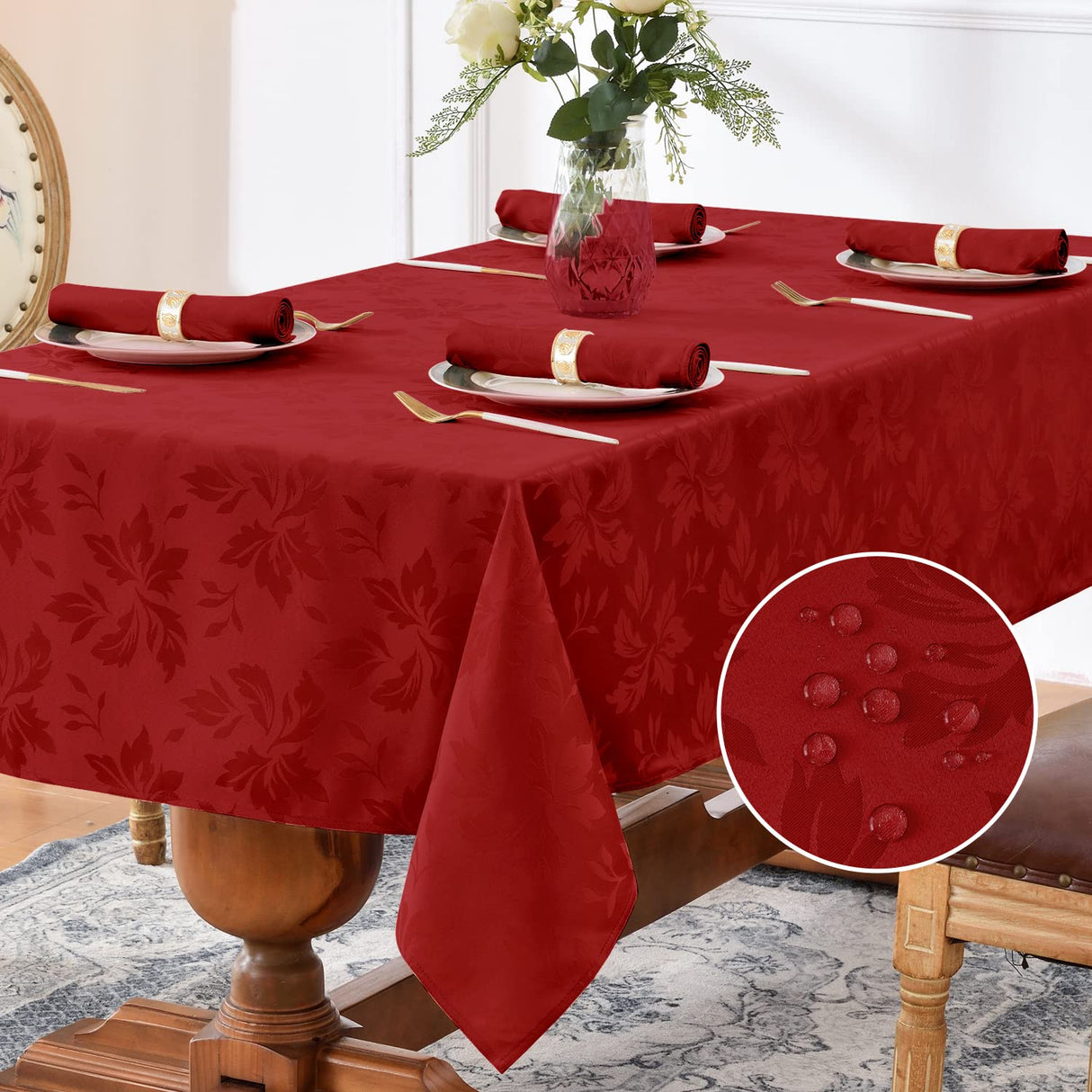 Romanstile Christmas Jacquard Rectangle Tablecloth - Winter Waterproof Damask Floral Decorative Table Cloths Heavy Weight Fabric Table Covers for Dinner/Parties/Holiday - 60 x 102 Inch, Red