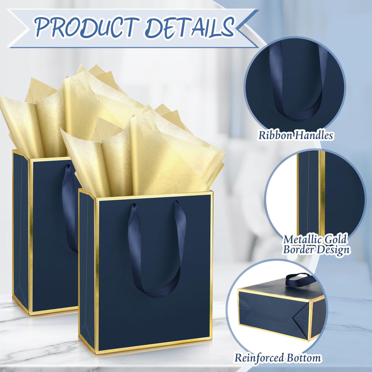Yeaqee 24 Pack Metallic Paper Gift Bags with Handle and Tissue 9x7x3.1 Gold Foil Welcome Favor Bags Return Gifts for Wedding Fall 5 Senses Christmas Bridesmaid Birthday(Navy Blue, Gold)
