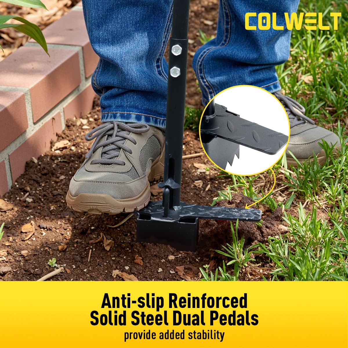 Colwelt Sod Plugger Tool 36-INCH, Grass Plug Tool 3 x 3 Square with Serrated Base, Bulb Planter Tool Long Handle with Dual Pedals & Easy Foot Ejector, Sod Turf Cutter for Lawn Planting Grass Repair