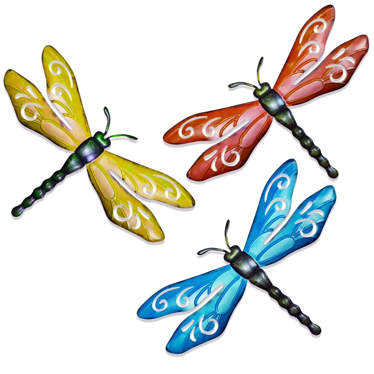 PLASUPPY Metal Dragonfly Wall Decor Outdoor Garden Fence Art Hanging Decorations for Patio, Yard, Indoor Home, Living Room, Bedroom, 3 Pack (Large)