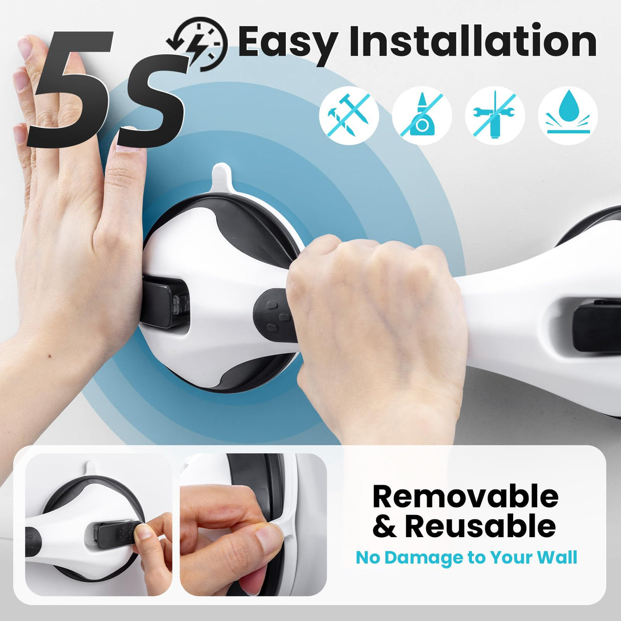 TAILI Shower Handles for Elderly Suction, 2 Pack 12 Inch Shower Grab Bars for Seniors, Grab Bars for Bathtubs and Showers, No Drilling Removable Safety Shower Grip, Black