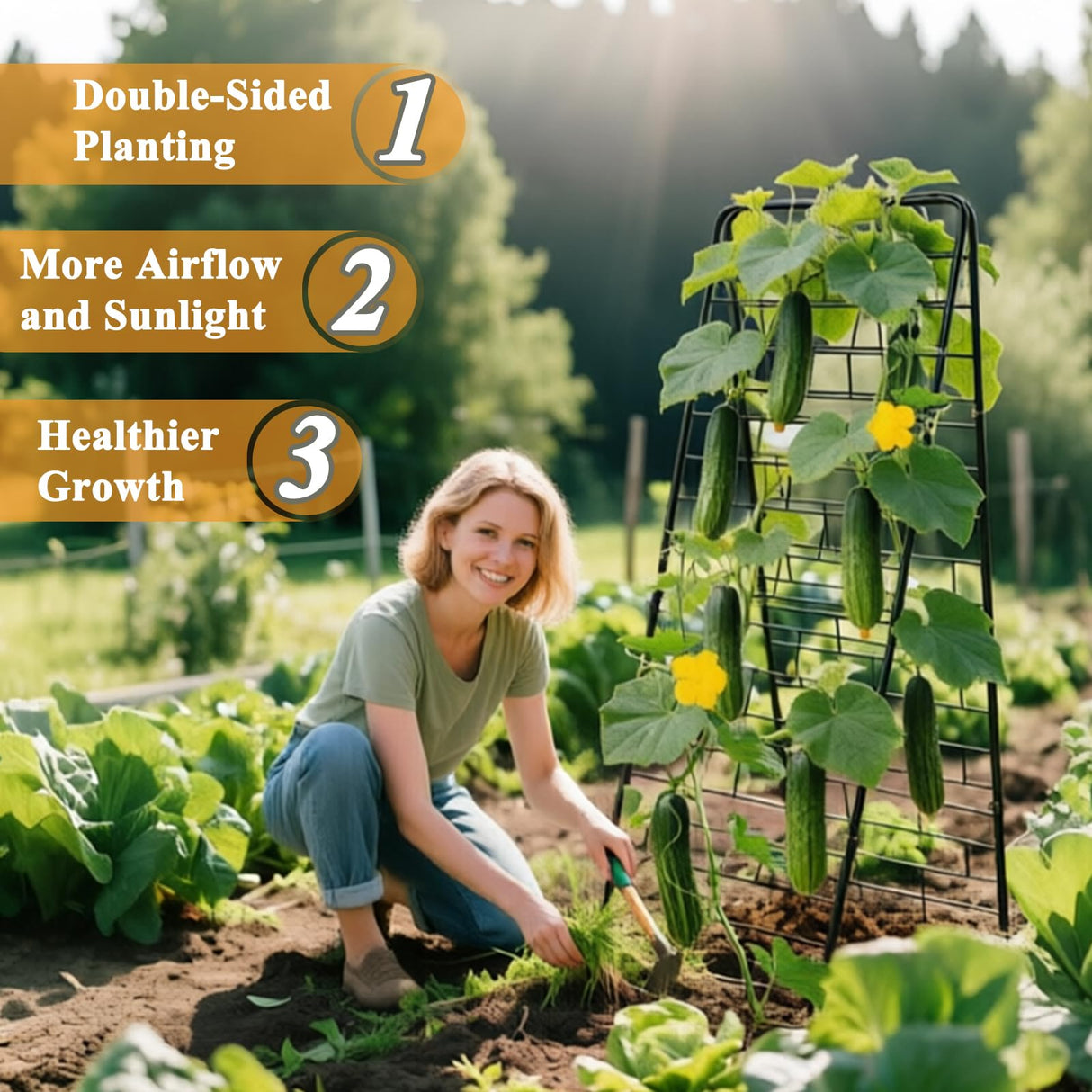 50"x17" A-Frame Cucumber Trellis for Raised Bed, Heavy Duty All-Metal Support for Climbing Plants, Cucumbers, Tomatoes & Beans, Easy Assembly, with Bonus Shears & Accessories, 1 Pack, Black, YOBAZAN
