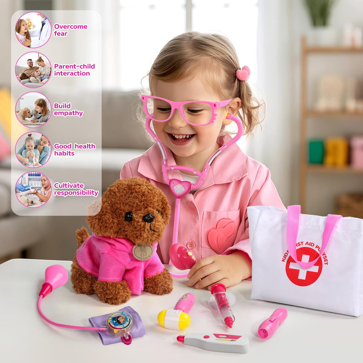 Doctor Kit for Toddlers 3-5 Girl Toys Christmas Birthday Gift for 2 3 4 Year Old Girls Kids Doctors Play Set with Plush Dog, Toy Stethoscope & Carrying Bag for Veterinarian Pretend Play (Pink)