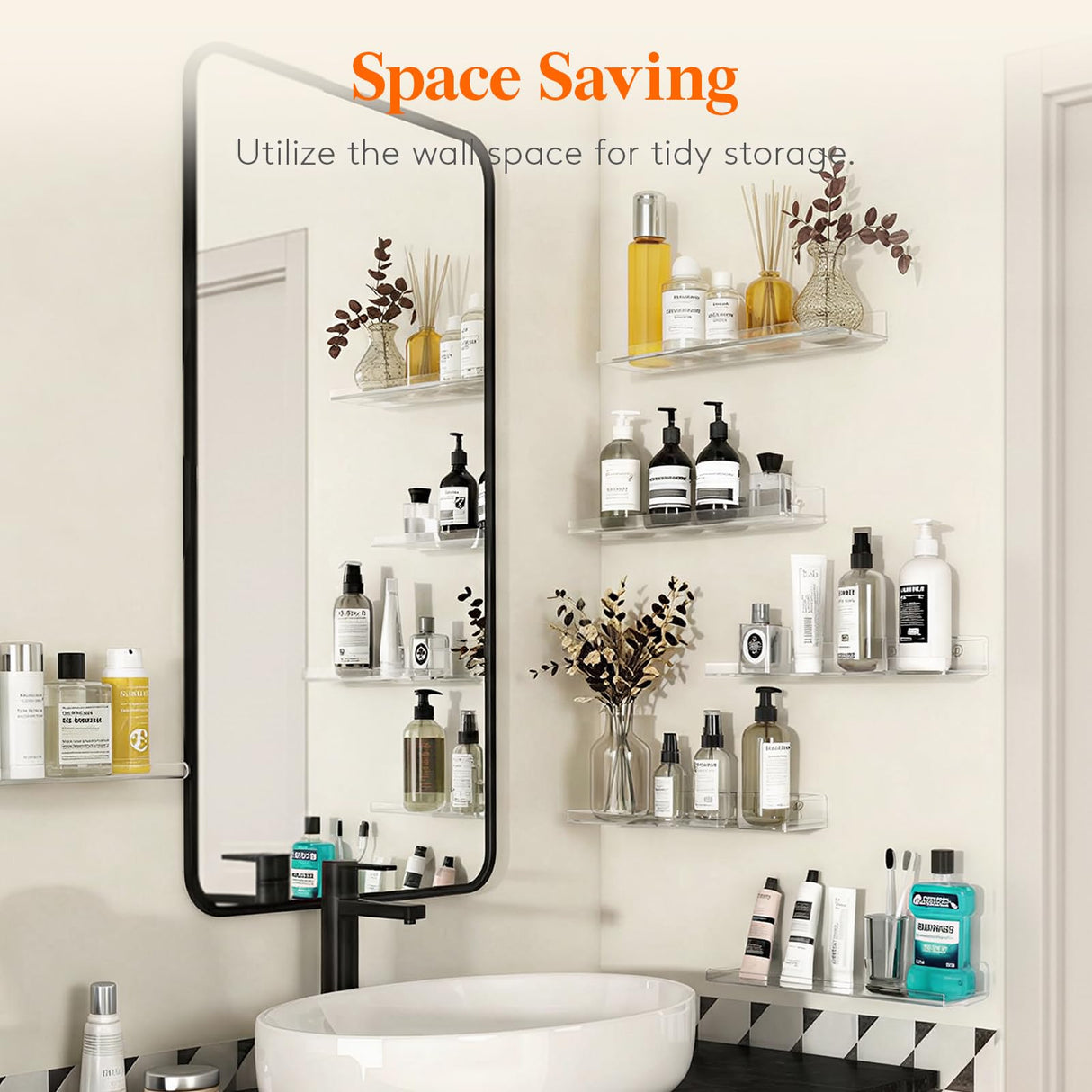 Lifewit Floating Shelves for Wall, Acrylic Display Shelf Wall Mounted for Figure, Car, Art, Book, 14" Perfume Organizer for Bathroom, Bedroom, Living Room, Nursery, Home Decor, Clear, 6 Pack