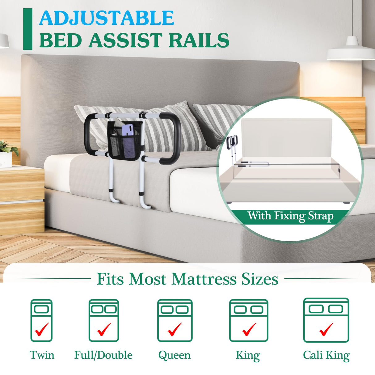 Bed Rails for Elderly Adults Safety - Extended Bed Assist Rail for Seniors - Adjustable Bed Side Rails Handle Support Bar Bed Guard Rail with Storage Bag & Fixing Strap, Fit King Queen Full Twin Bed