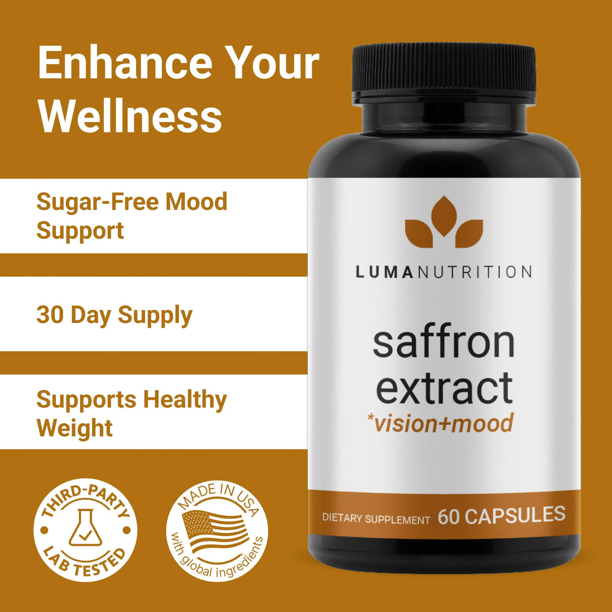 Luma Nutrition Saffron Extract Capsules - Premium Saffron Supplements - 88.50 mg Pure Saffron Pills - Mood Support - Eye Support - Made in The USA - 60 Capsules