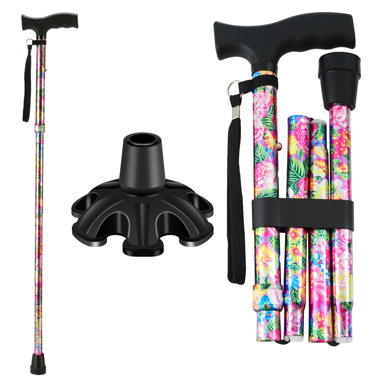 Walking Cane LIXIANG Cane for Woman | Mobility & Daily Living Aids | 5-Level Height Adjustable Walking Stick | Comfortable Plastic T-Handle Pink Print