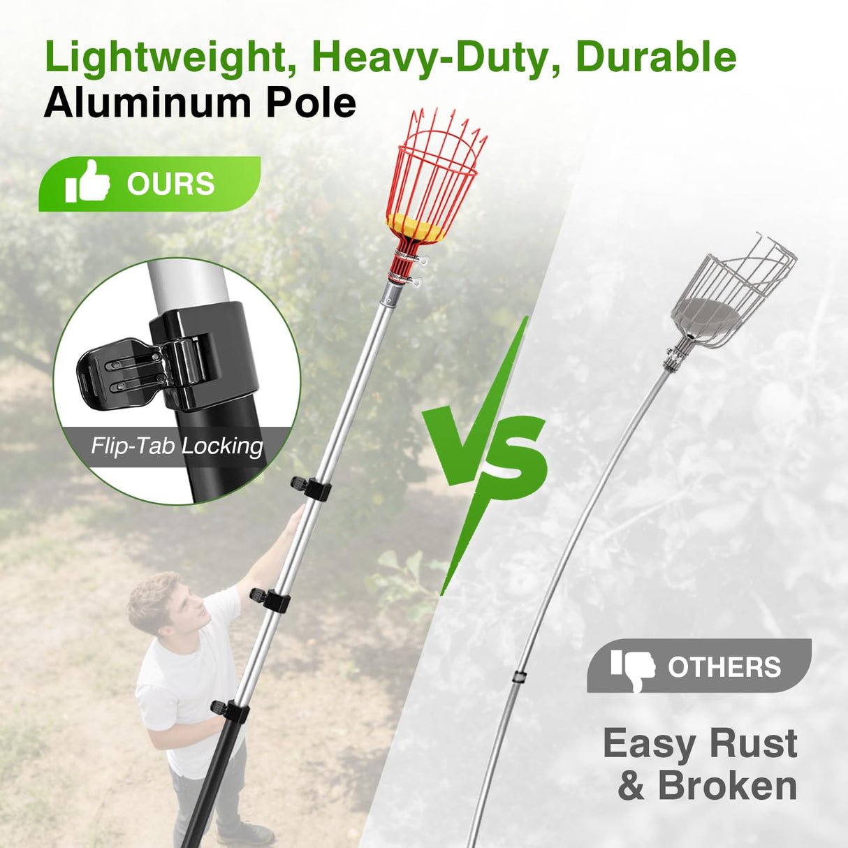 ARTIPOLY 20FT Reach Telescoping Fruit Picker, 4-12FT Adjustable Aluminum Pole with Basket, Lightweight Heavy Duty Tool for Harvesting Apples Mangoes Avocados Pears Lemons