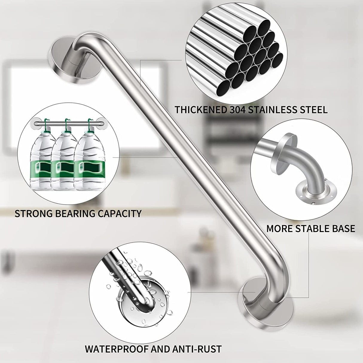 18 Inch Shower Grab Bar 2 Pack Brushed Nickel SUS304 Safety Bathroom Grab Bars with Concealed Screws, 500lbs Support Assist Bath Handle Balance Bar for Handicap Elderly Pregnant
