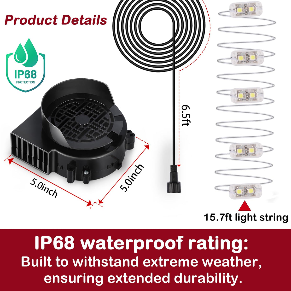 Air Blower Fan for Inflatables, 12V 1.5A Mini Airup Replacement Blower Fan with 2.0A Adapter and 5 LEDs Bulbs Light for Halloween and Christmas Inflatables (IP68 Waterproof, 3200RPM, 5.0 * 5.0'')