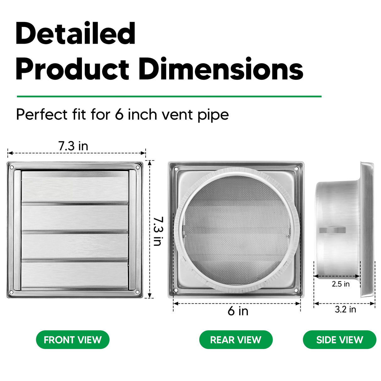 Funmit 6'' Metal Dryer Vent Cover, 7"x7" Outside Dimensions with Metal Mesh Screen, Outdoor Stainless Steel Louvered Vent Cover Includes 4 Screw for Easy Installation