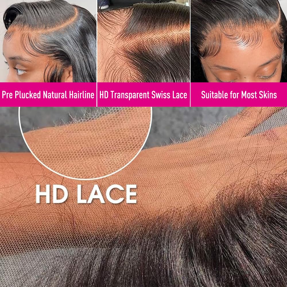 32 Inch 13x6 Body Wave Lace Front Wigs Human Hair 200 Density HD Transparent Lace Front Wigs Human Hair Glueless wig for Women Body Wave Wig Pre Plucked with Baby Hair Lace Frontal Wig Natural Black