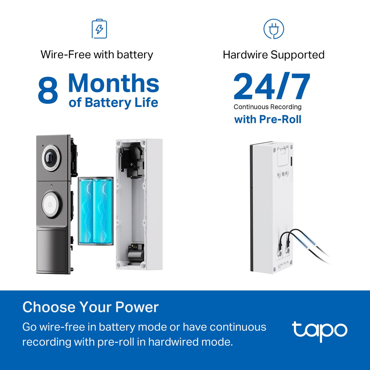 Tapo 2K+ Wired or Battery Powered Smart Video Doorbell with Chime - 180° Field of View, Person/Vehicle/Package Detection, Ring Call, 2-Way Audio, Subscription-Free Local Storage or Optional Cloud,D225