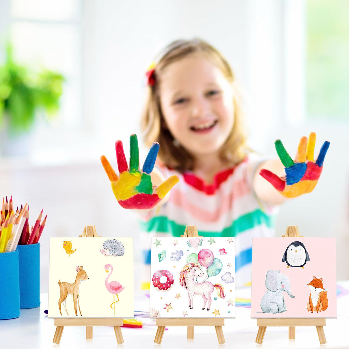 Mimorou 32 Pack 3 x 3 Inch Mini Canvases with Easel Sets for Painting Small Art Stretched Canvases Panels Pack with Wood Display Easel for Kids Birthday Parties Operation Christmas Gifts Items