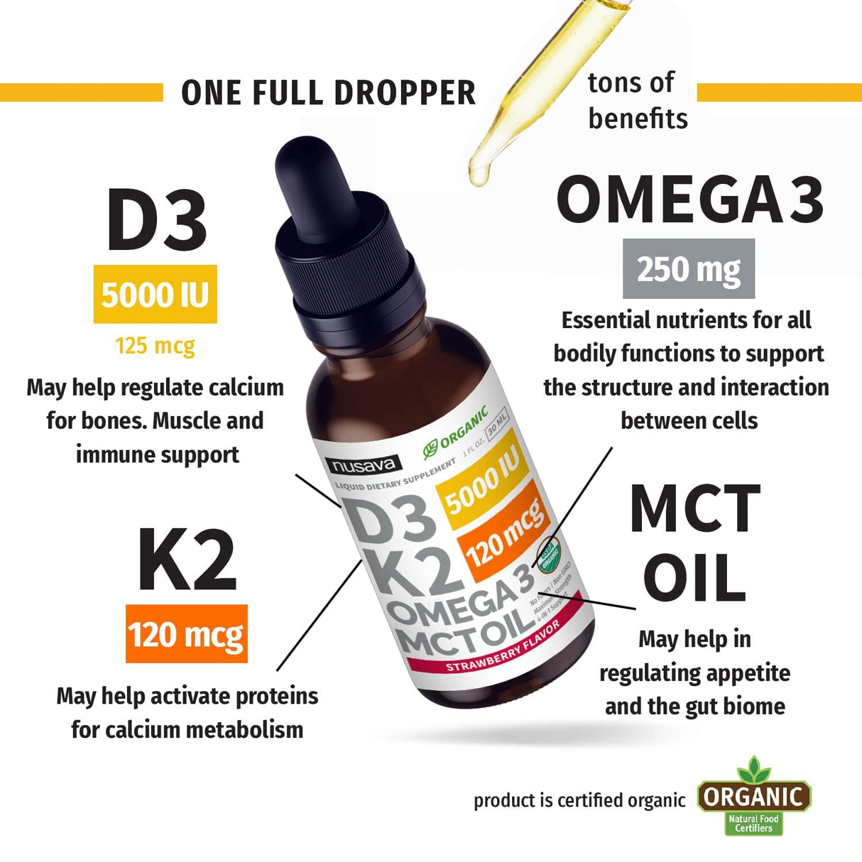 (2 Pack) Organic Vitamin D3 K2 Drops 5000 IU with MCT Oil Omega 3 - Maximum Strength Liquid D3 with No Fillers, Non-GMO for Faster Absorption, Immune Support (Strawberry, 2 Fl Oz)