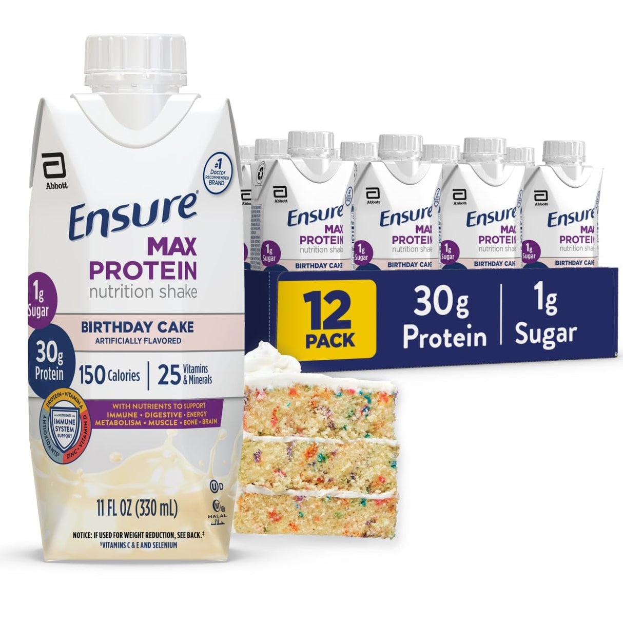 Ensure Max Protein Shake | Birthday Cake | Ready to Drink | 30g Protein for Muscle Health | 1g Sugar, 4g Fiber | 11 fl oz, 12 Pack